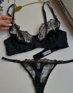 Siyah Saten Dokulu ve Dantelli Kalp Detaylı Balenli Sütyen Takımı - Görsel 2