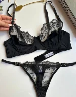 Siyah Saten Dokulu ve Dantelli Kalp Detaylı Balenli Sütyen Takımı - Görsel 4