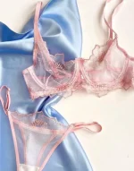 Pudra Pembe Çiçek İşlemeli Transparan Tül Balenli Sütyen Takımı - Görsel 2