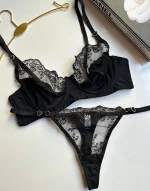 Siyah Saten Dokulu ve Dantelli Kalp Detaylı Balenli Sütyen Takımı - Görsel 3